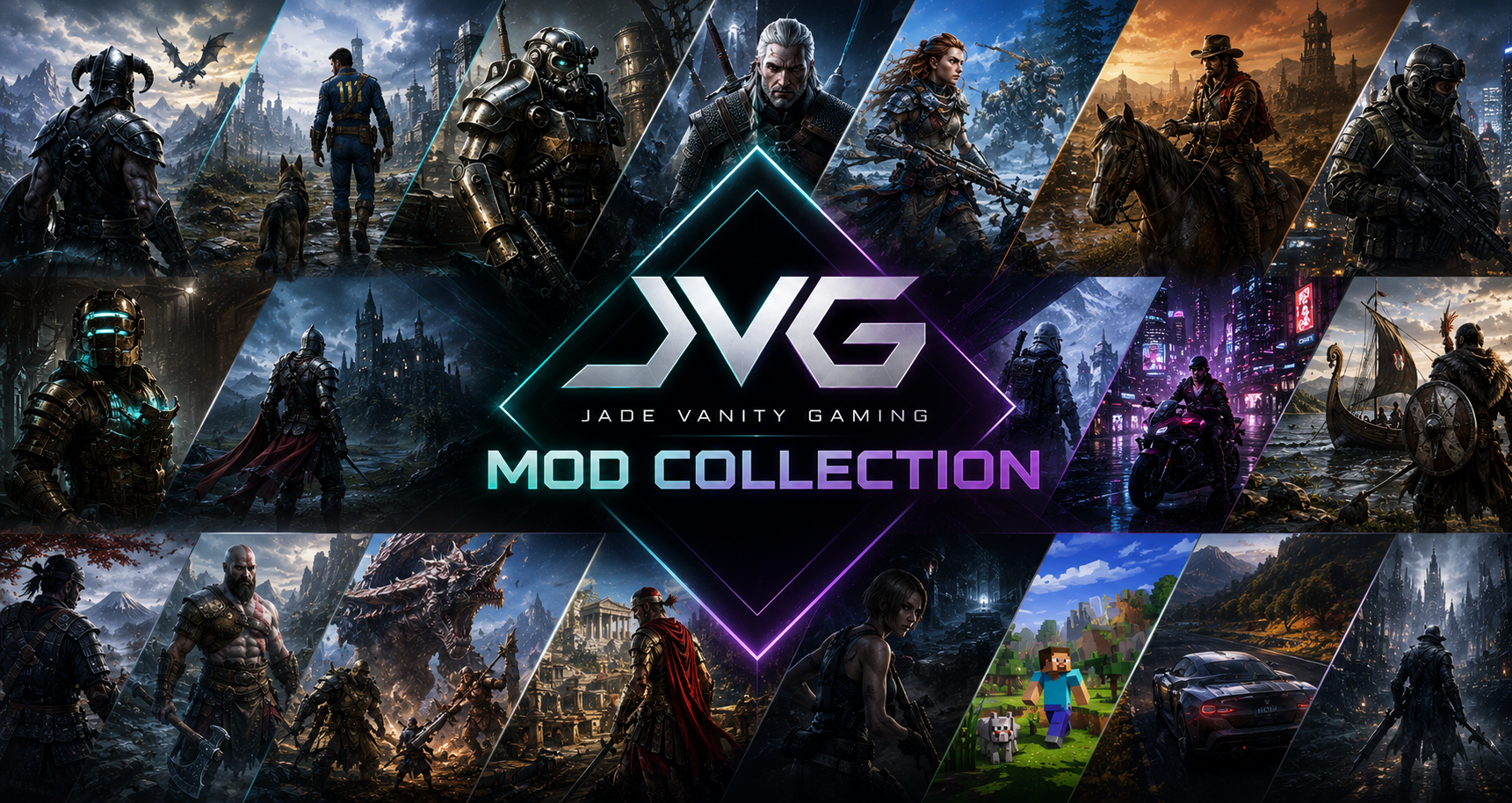 Jade Vanity Gaming Mod Collection banner featuring a collage of supported game worlds
